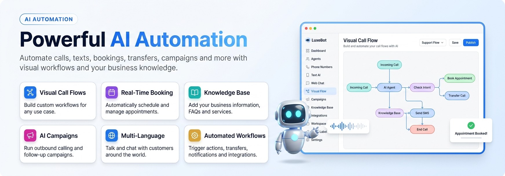 Powerful AI Automation - Visual Call Flows, Real-Time Booking, Knowledge Base, AI Campaigns, Multi-Language and Automated Workflows, with a LuxeBot Visual Call Flow builder mock-up